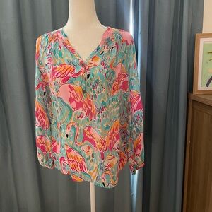 Lily Pulitzer silk Elsa Pink & Teal Flamingo Print Women's Blouse